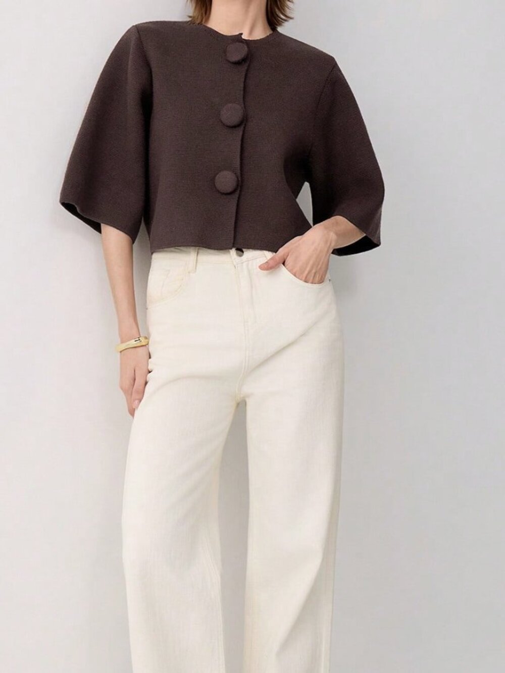 Brown Casual Women's Round Neck Short Button Knit Cardigan - Picture 3 of 6